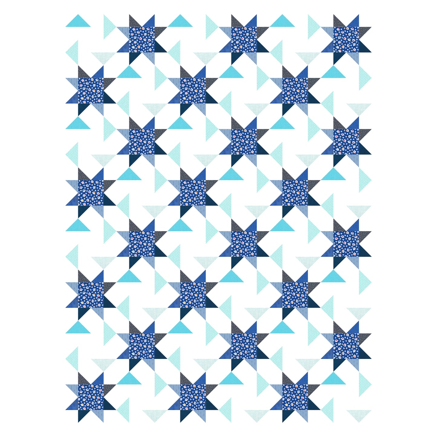 A blue and white quilt featuring a star pattern. 