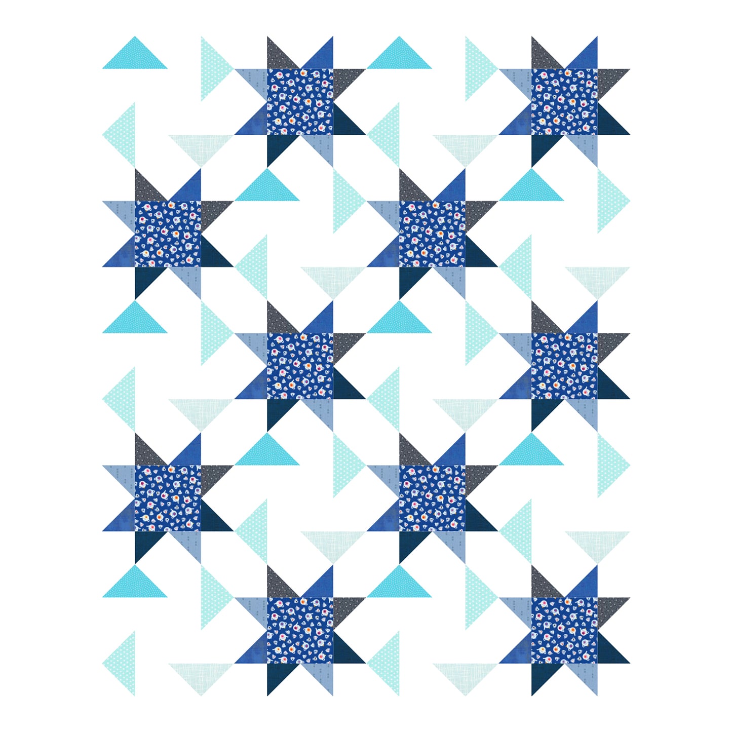 A blue and white quilt featuring a star pattern. 