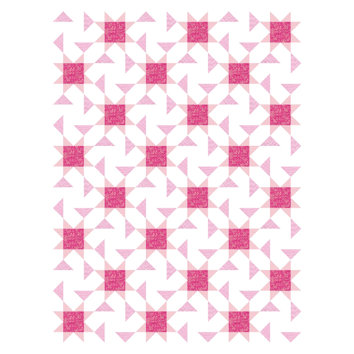 A pink and white quilt featuring a star pattern. 