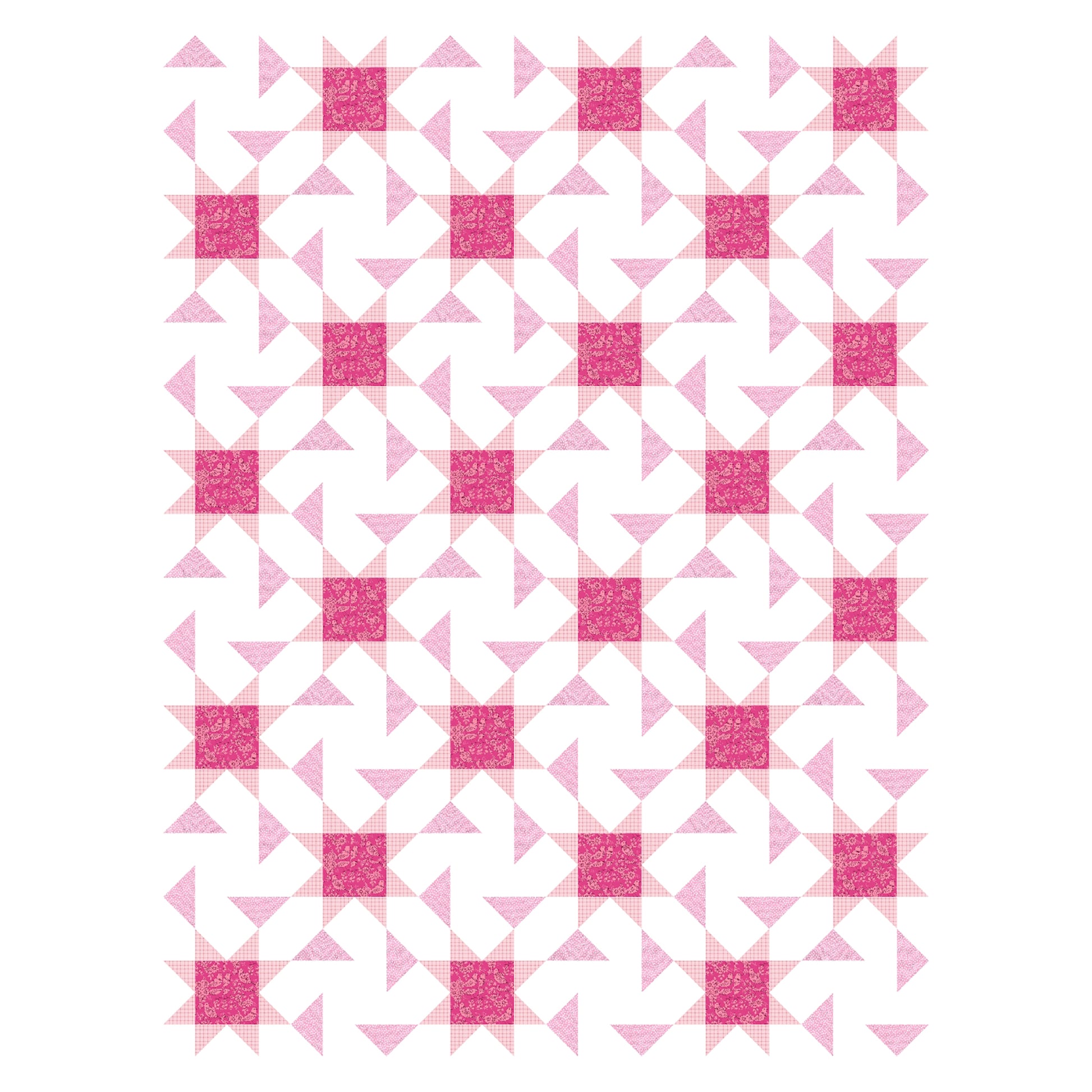 A pink and white quilt featuring a star pattern. 