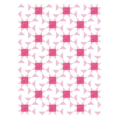 A pink and white quilt featuring a star pattern. 