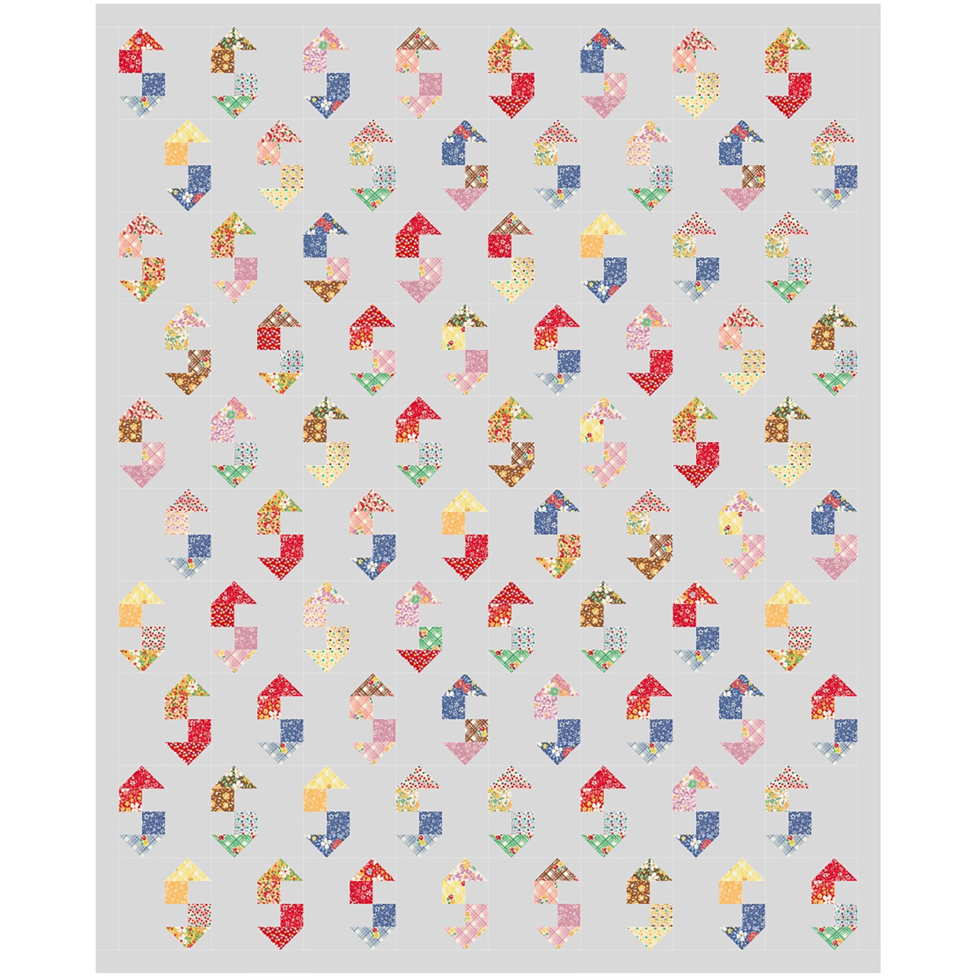 A vibrant quilt featuring an array of colorful shapes, which could look like a wrench, on a gray background.