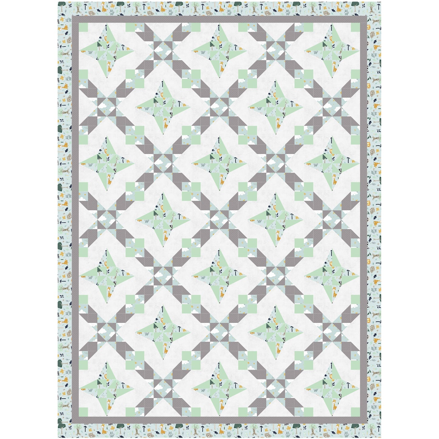 A geometric quilt featuring a harmonious blend of green and gray patterns.