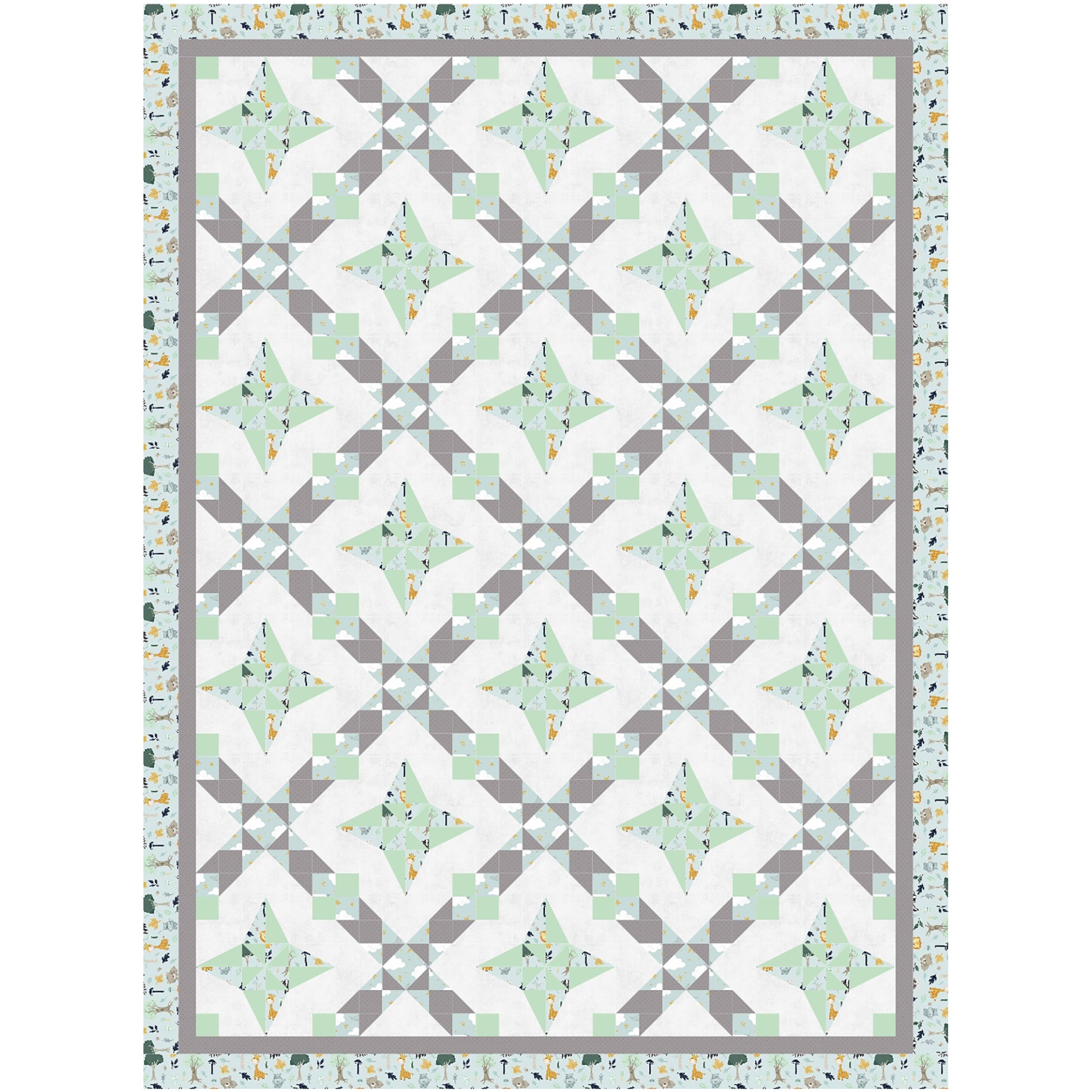 A geometric quilt featuring a harmonious blend of green and gray patterns.