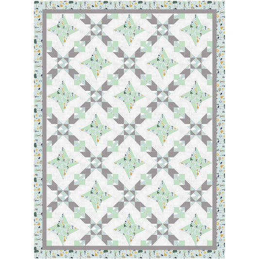 A geometric quilt featuring a harmonious blend of green and gray patterns.