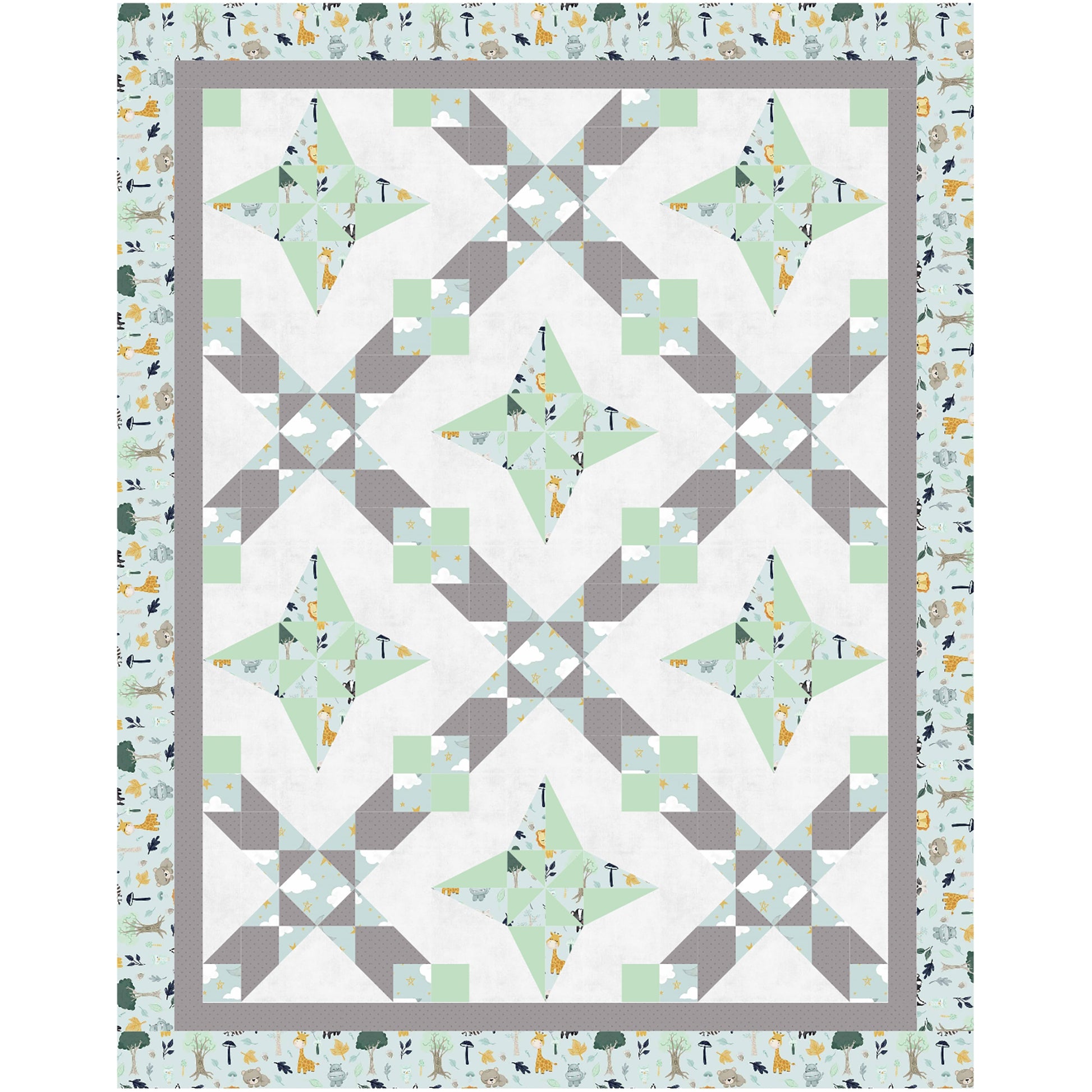 A geometric quilt featuring a harmonious blend of green and gray patterns.