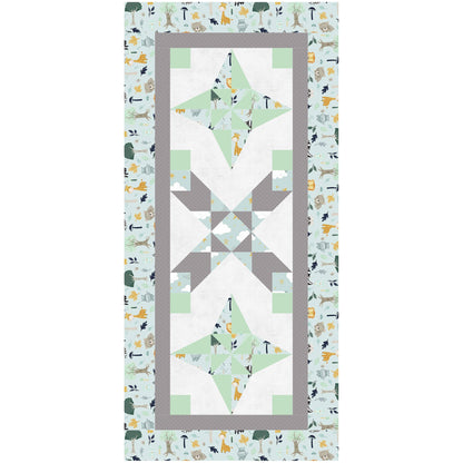 A geometric runner featuring a harmonious blend of green and gray patterns.