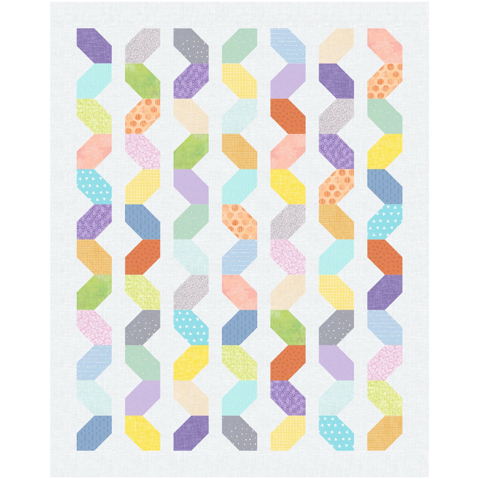 Bright quilt featuring a geometric pattern in various colors looking almost like a back and forth worm, colorful child's toy, or colorful baguettes.