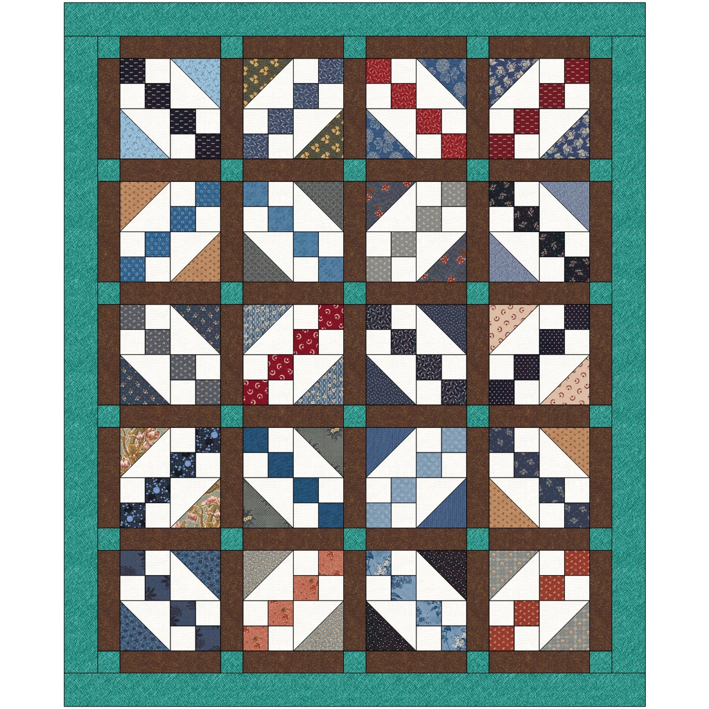 A blue and brown quilt featuring a pattern of squares with smaller blocks at an angle in each square. The finished look gives the feel of diamonds or Xs when you pull out from each individual block with brown fabric between each block. Image shown to show each block and how it's put together.