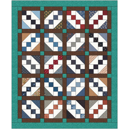 A blue and brown quilt featuring a pattern of squares with smaller blocks at an angle in each square. The finished look gives the feel of diamonds or Xs when you pull out from each individual block with brown fabric between each block. Image shown to show each block and how it's put together.