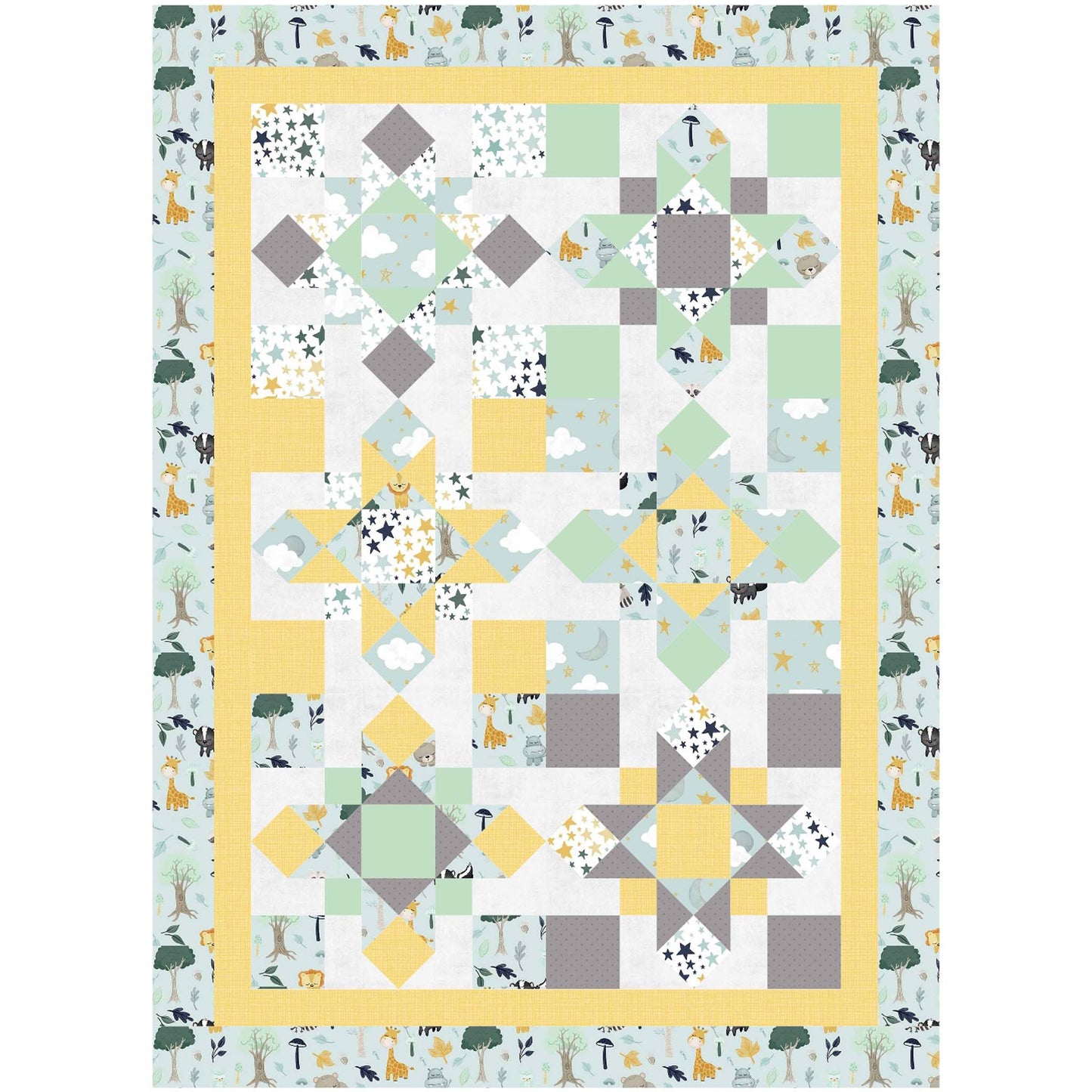 A yellow and gray quilt featuring a green and white design of different stars and 4-patch squares.