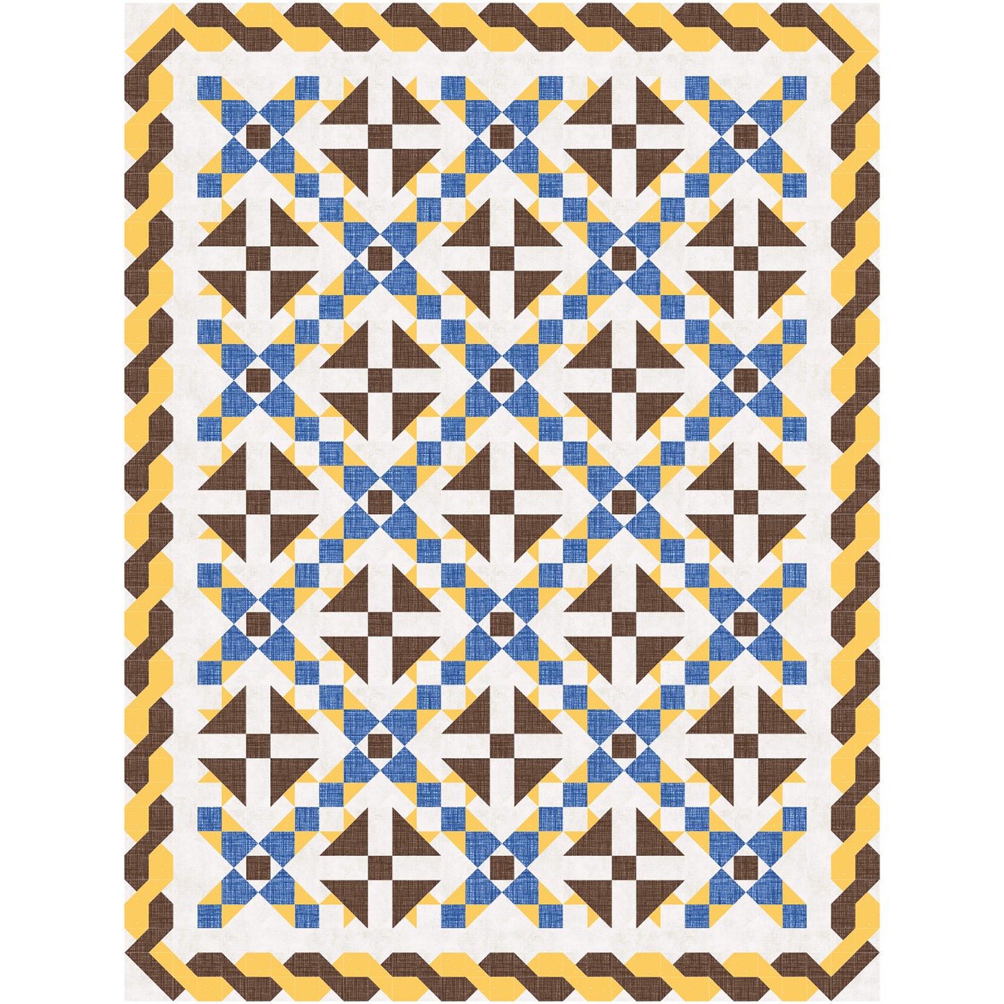 Beautiful quilt in blue and yellow with brown accents. Triangle flowers in brown with rows between of blue and yellow and braided looking border in brown and yellow.