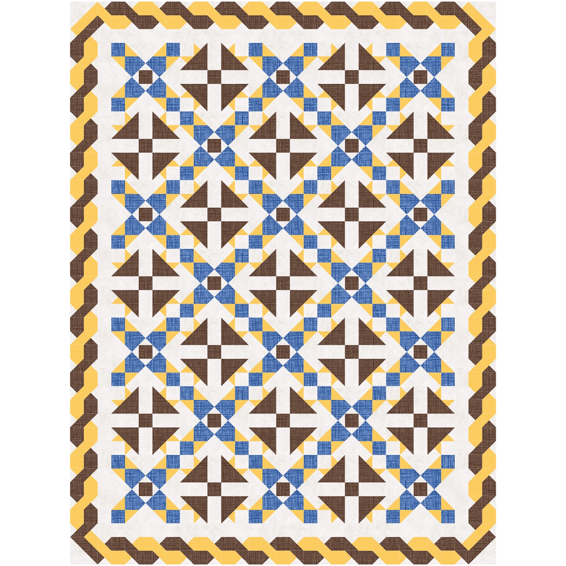 Beautiful quilt in blue and yellow with brown accents. Triangle flowers in brown with rows between of blue and yellow and braided looking border in brown and yellow.