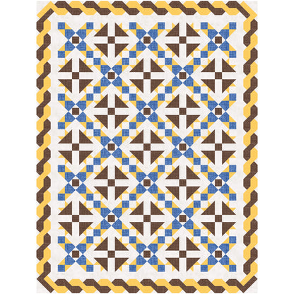 Beautiful quilt in blue and yellow with brown accents. Triangle flowers in brown with rows between of blue and yellow and braided looking border in brown and yellow.