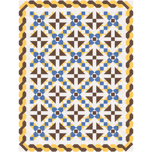 Beautiful quilt in blue and yellow with brown accents. Triangle flowers in brown with rows between of blue and yellow and braided looking border in brown and yellow.