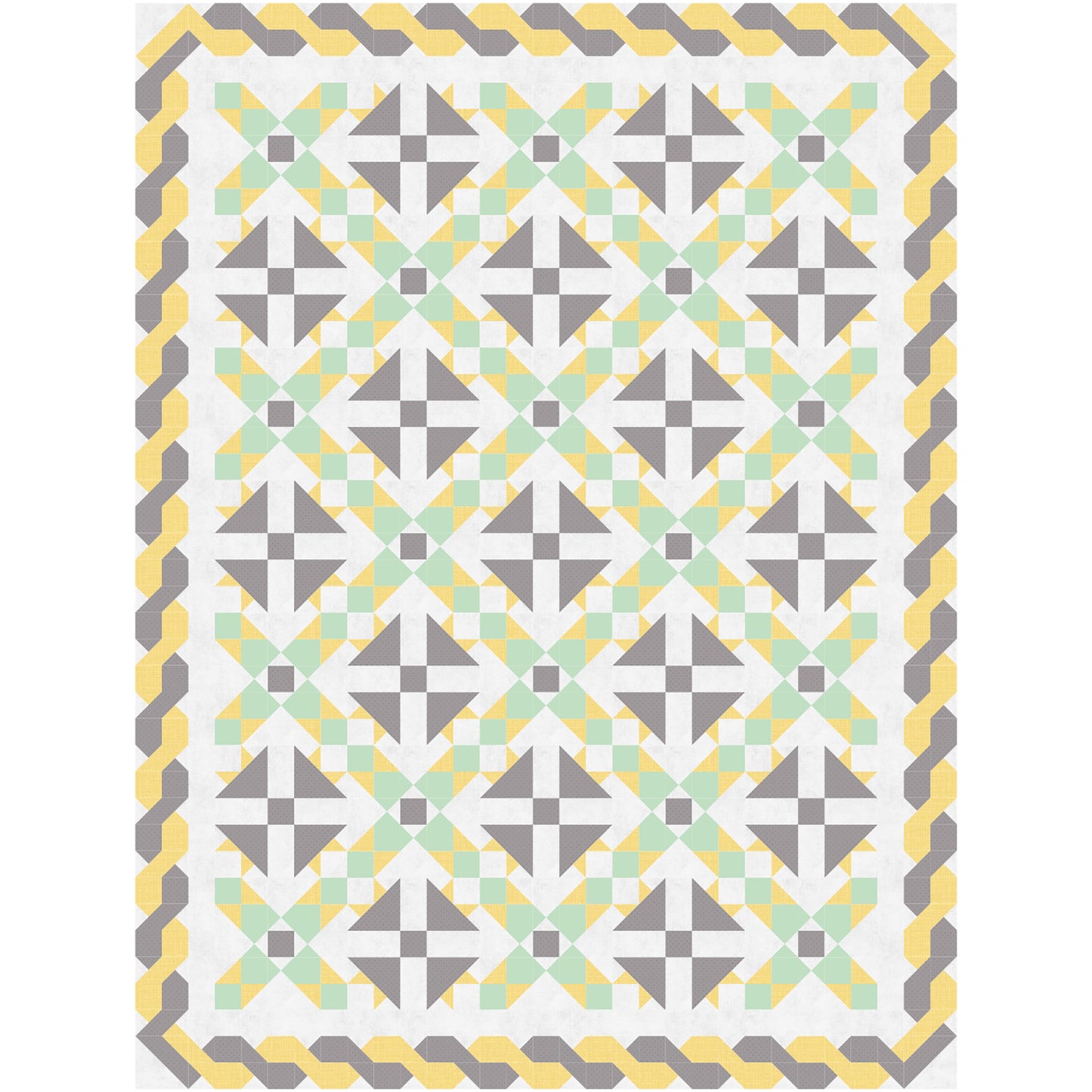 Beautiful quilt in green and yellow with brown accents. Triangle flowers in brown with rows between of green and yellow and braided looking border in brown and yellow.