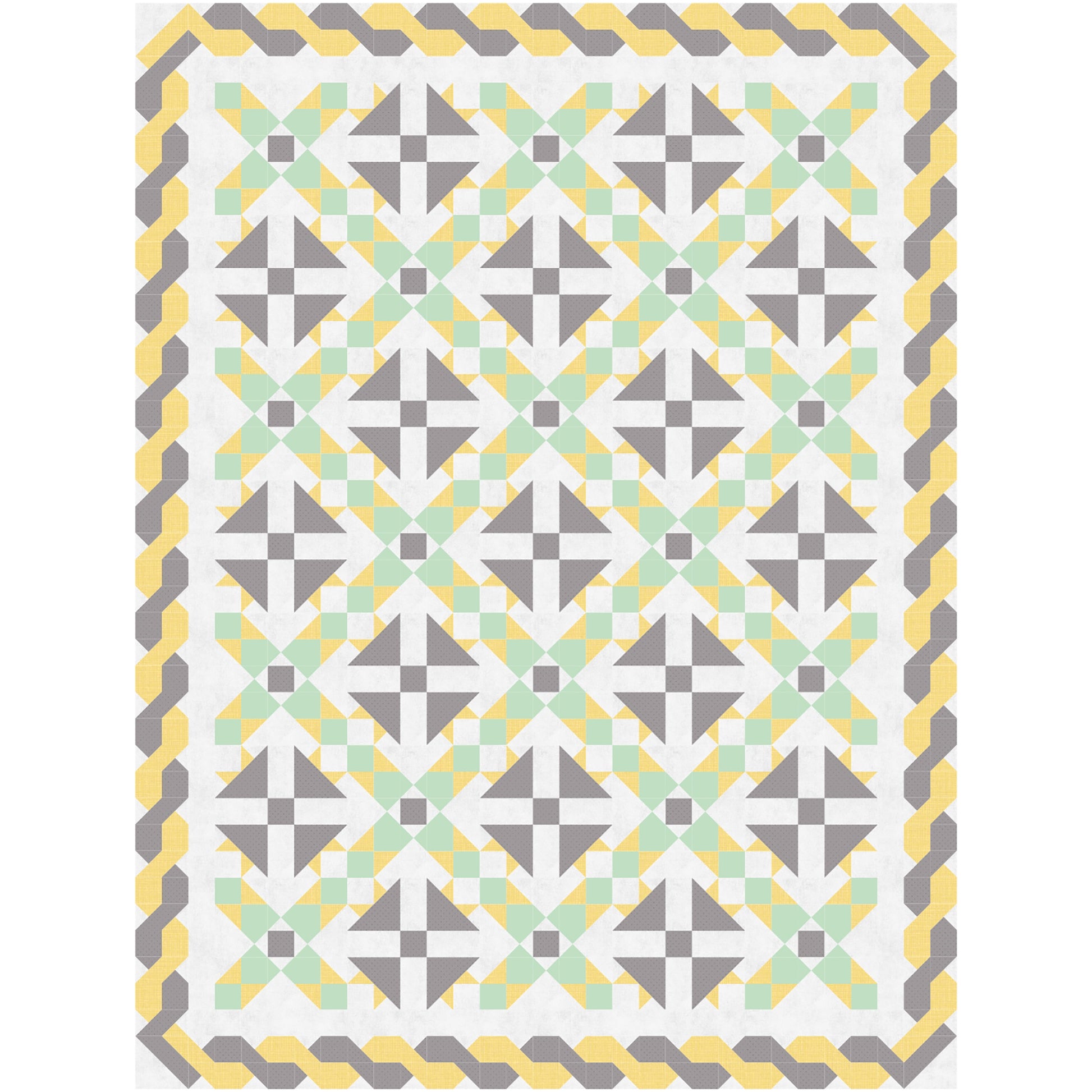 Beautiful quilt in green and yellow with brown accents. Triangle flowers in brown with rows between of green and yellow and braided looking border in brown and yellow.