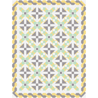 Beautiful quilt in green and yellow with brown accents. Triangle flowers in brown with rows between of green and yellow and braided looking border in brown and yellow.