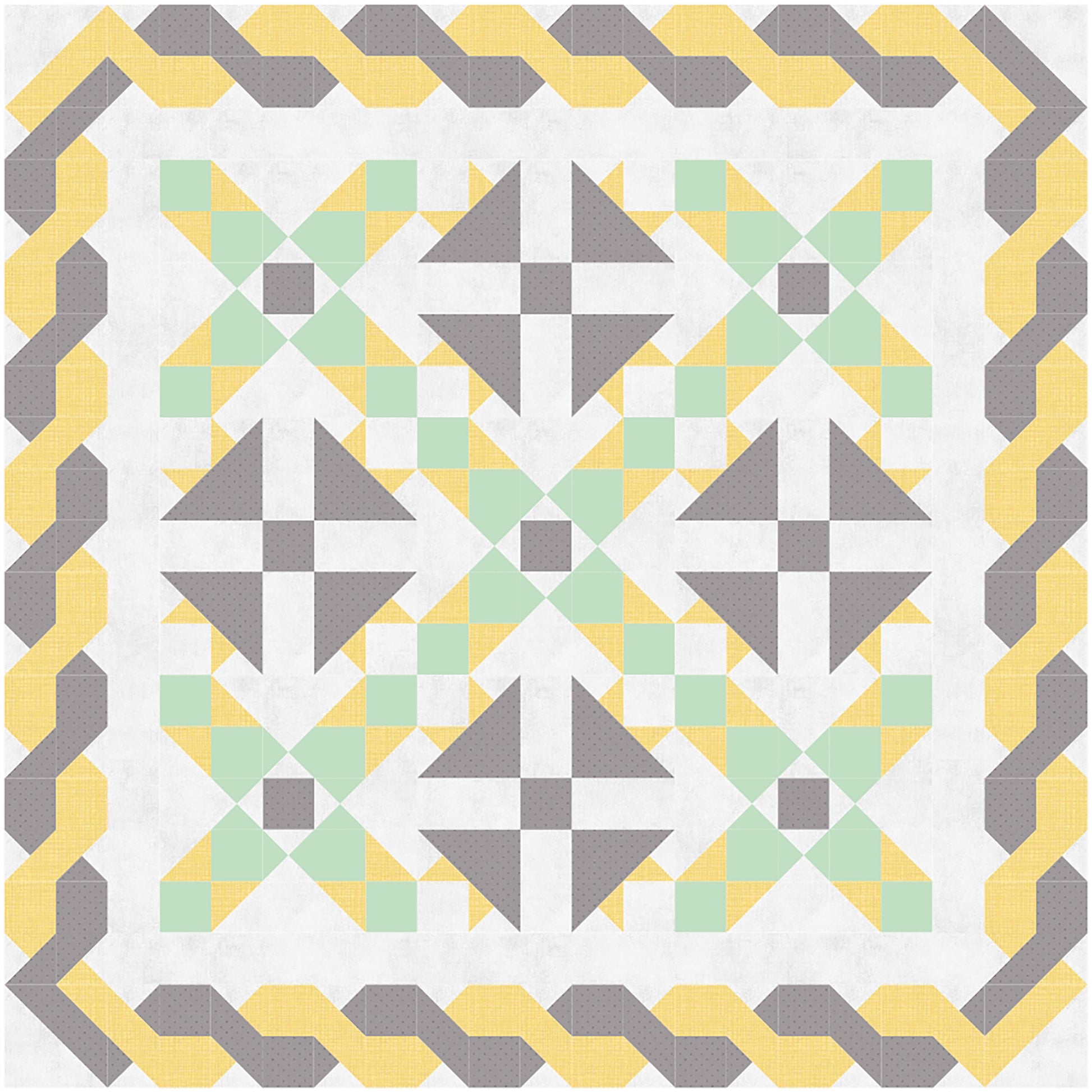 Beautiful quilt in green and yellow with brown accents. Triangle flowers in brown with rows between of green and yellow and braided looking border in brown and yellow.