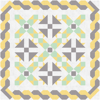 Beautiful quilt in green and yellow with brown accents. Triangle flowers in brown with rows between of green and yellow and braided looking border in brown and yellow.