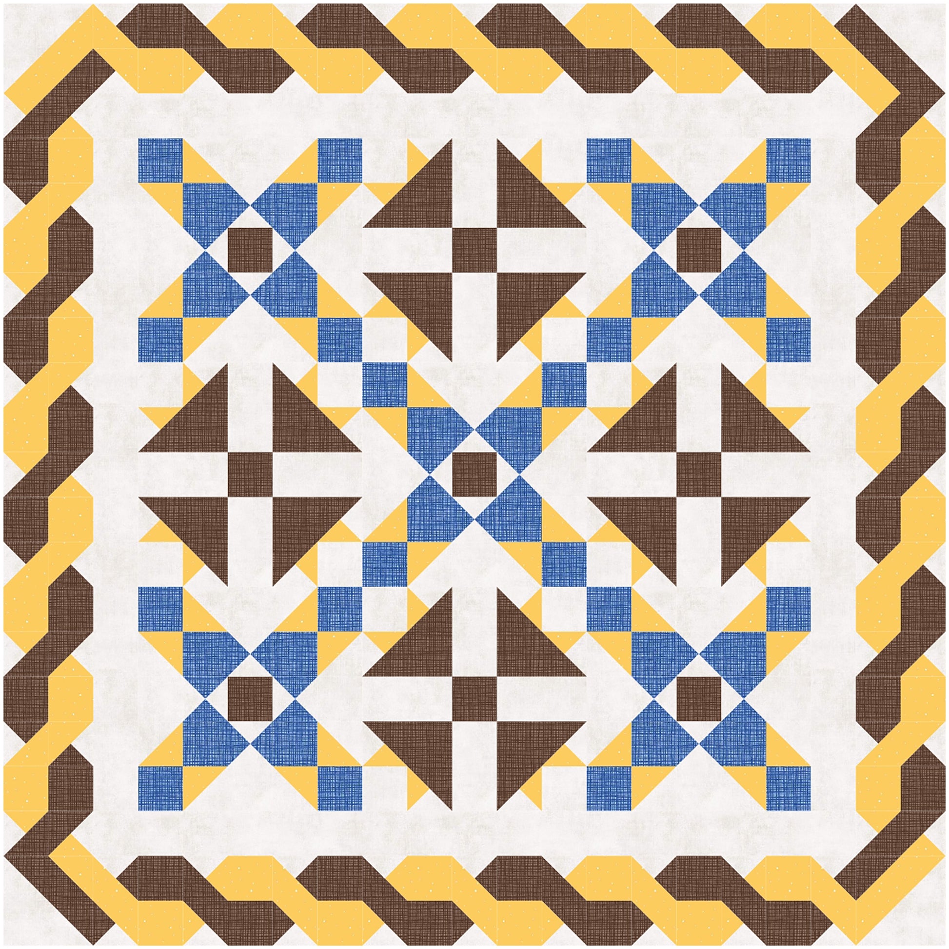 Beautiful quilt in blue and yellow with brown accents. Triangle flowers in brown with rows between of blue and yellow and braided looking border in brown and yellow.