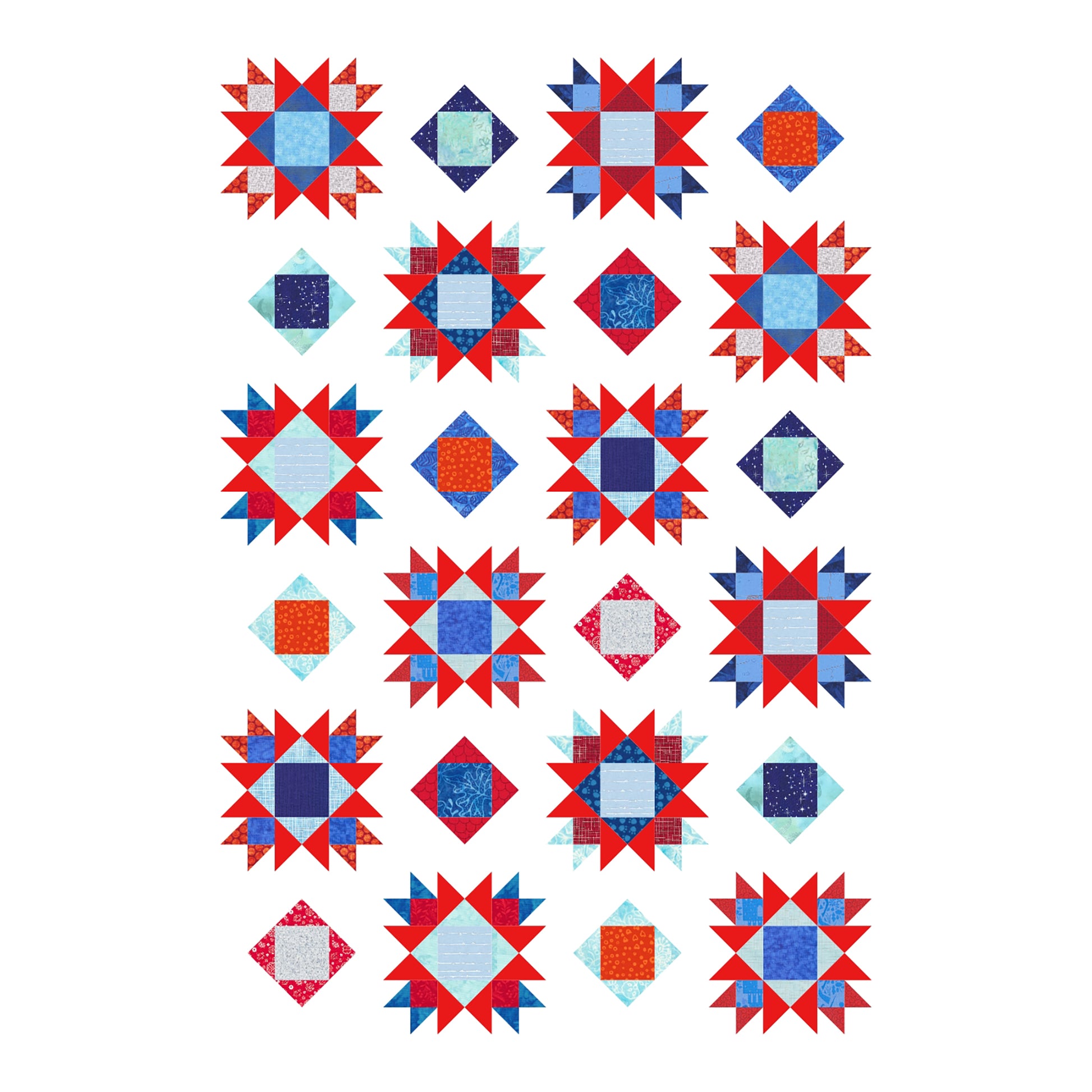 Beautiful quilt features stars and square-in-a-square alternating design in red, white, and blue fabric.