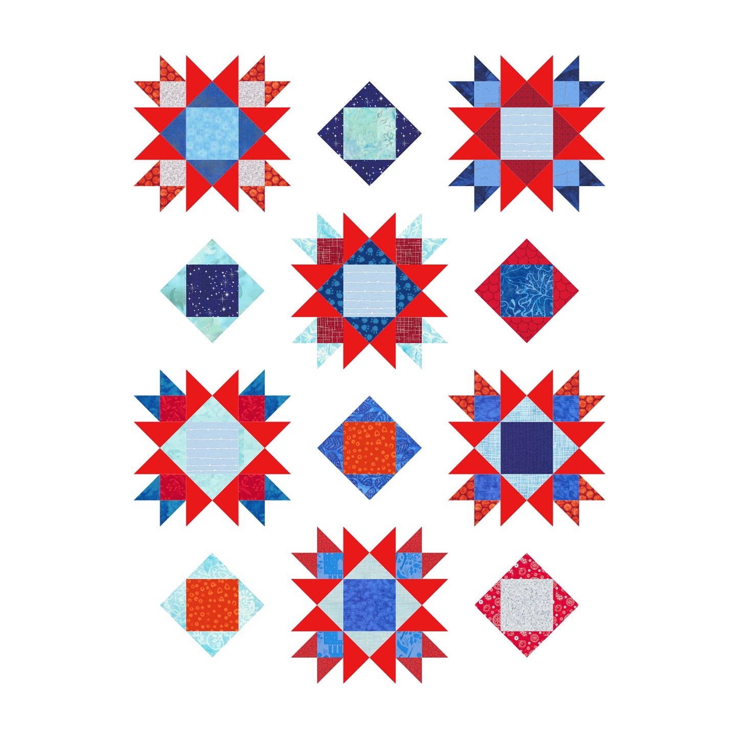 Beautiful quilt features stars and square-in-a-square alternating design in red, white, and blue fabric.