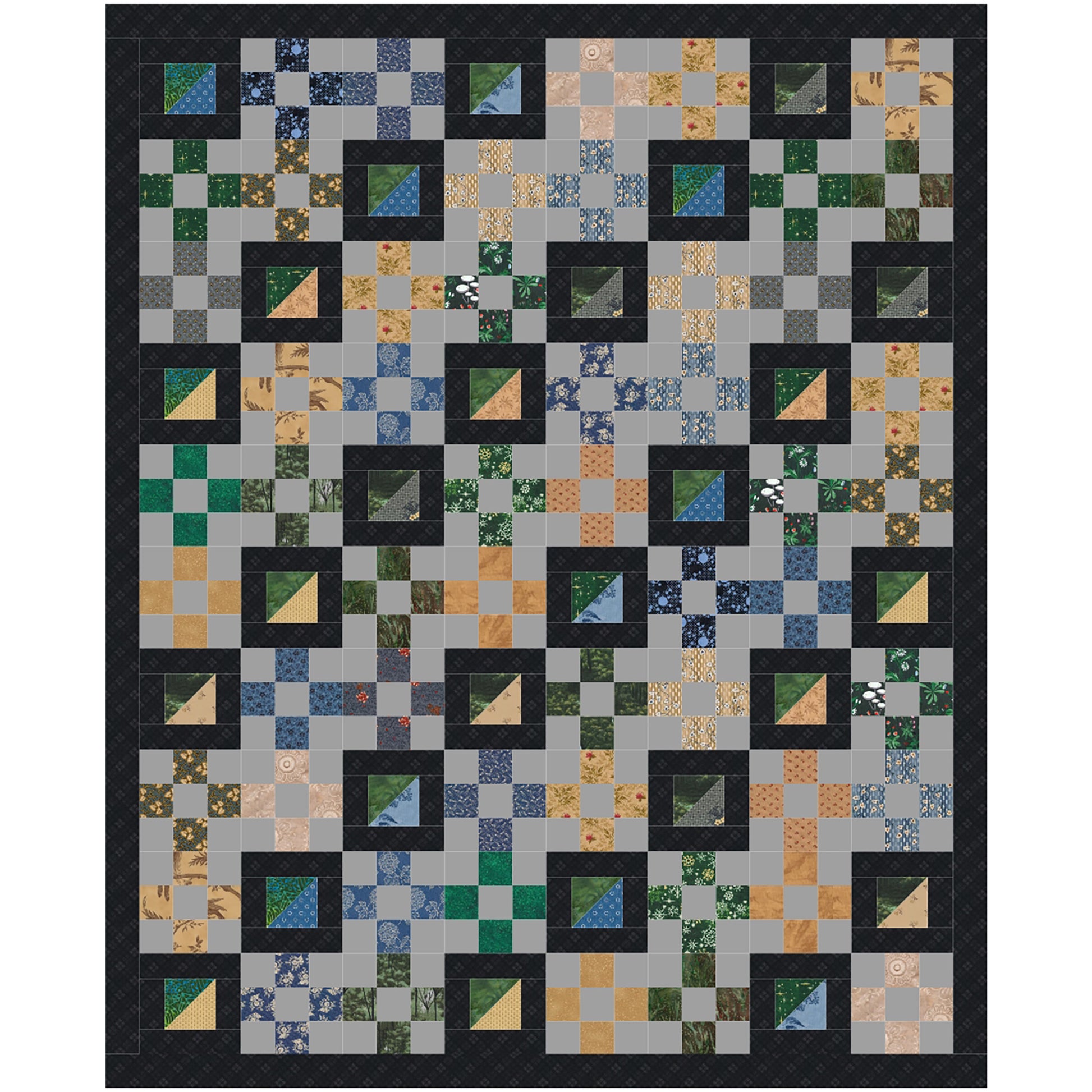 A colorful quilt featuring a pattern of squares and triangles in various hues featuring diagonal rows where the squares have been bordered by a thick black fabric to make everything pop!