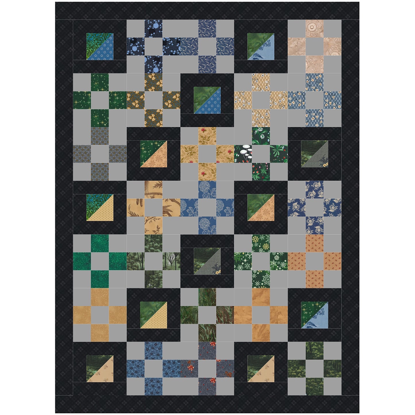 A colorful quilt featuring a pattern of squares and triangles in various hues featuring diagonal rows where the squares have been bordered by a thick black fabric to make everything pop!