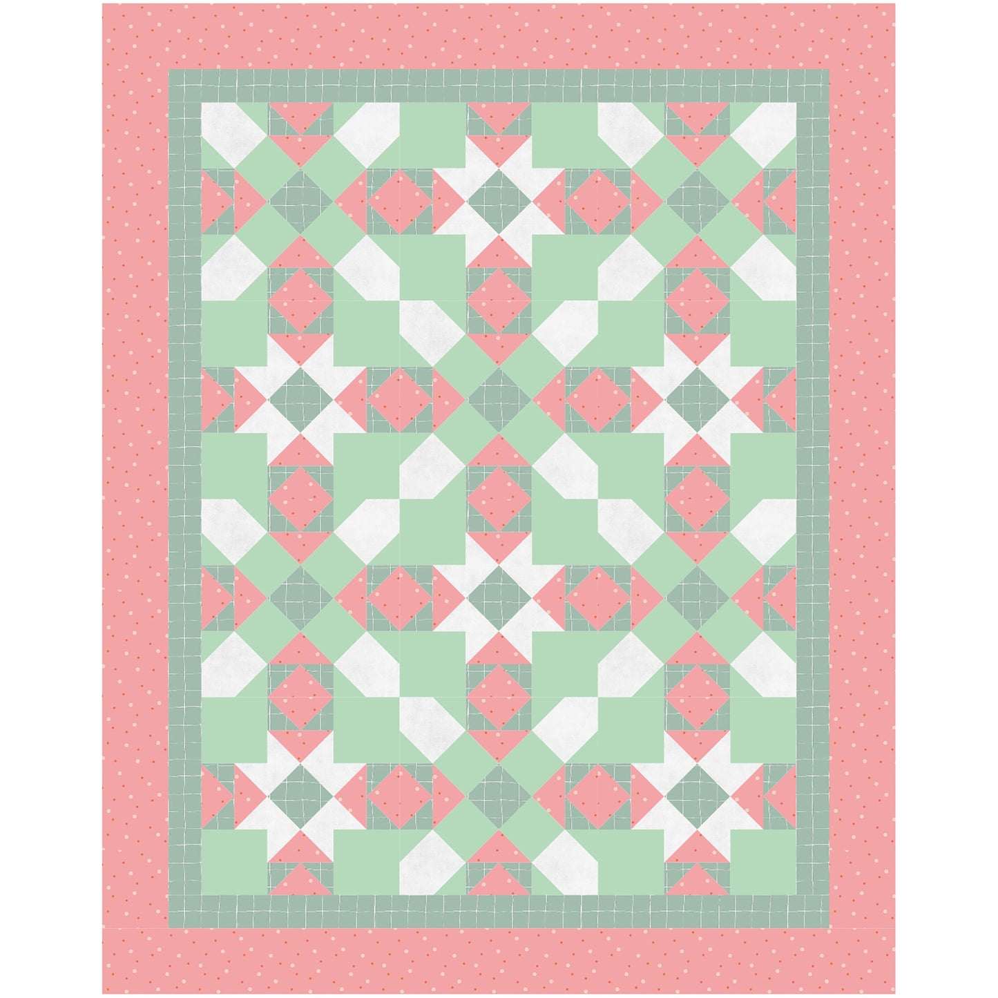 A colorful quilt in red and green, adorned with a continuing star pattern. With the colors, it seems like a Christmas Quilt.