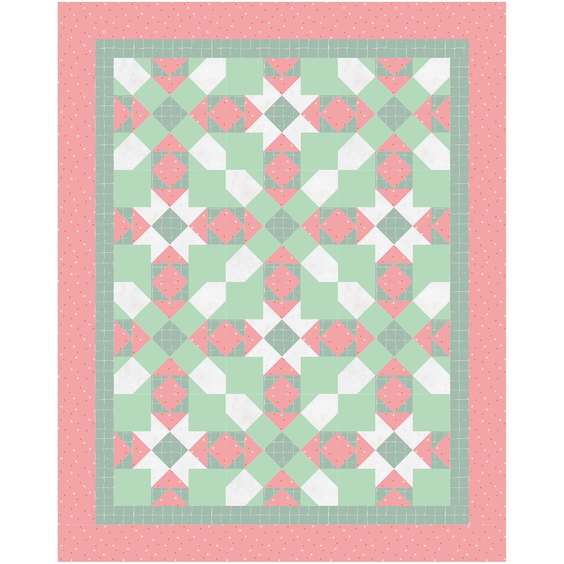 A colorful quilt in red and green, adorned with a continuing star pattern. With the colors, it seems like a Christmas Quilt.