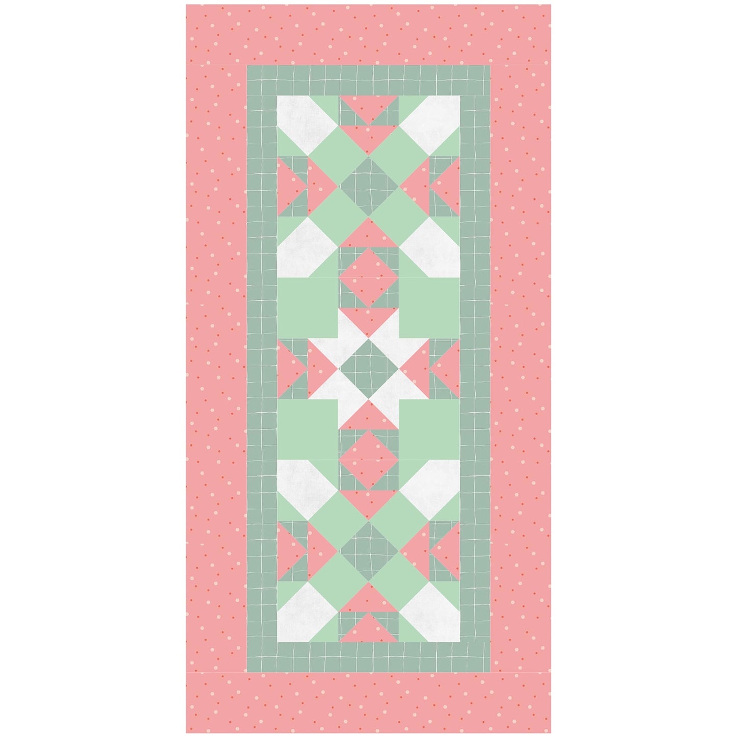 A colorful quilt runner in red and green, adorned with a continuing star pattern down the middle. With the colors, it looks like a Christmas Table Runner.