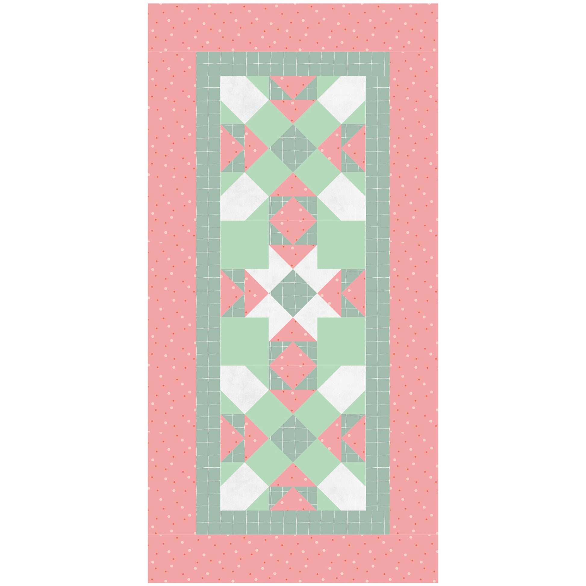 A colorful quilt runner in red and green, adorned with a continuing star pattern down the middle. With the colors, it looks like a Christmas Table Runner.