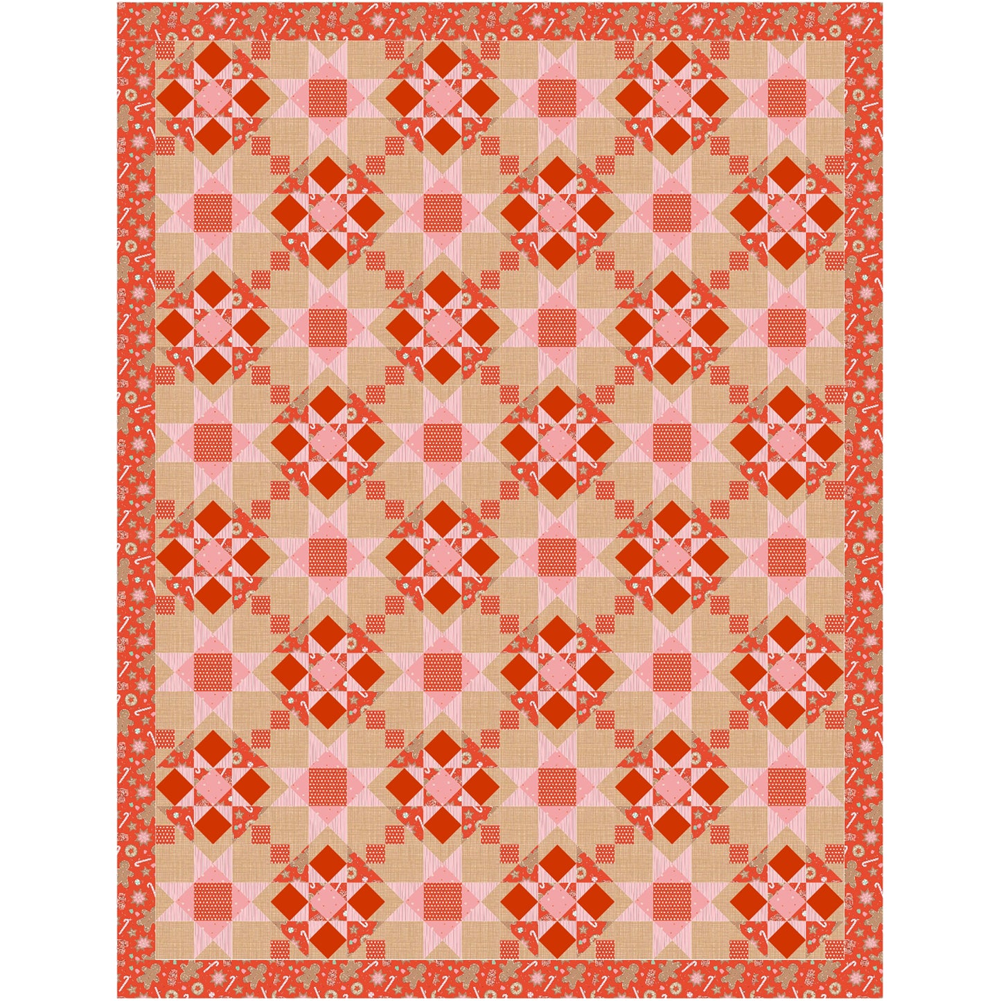 Festive quilt features red fabric with cookies and candy canes. Pieced into blasts of stars and diamond shapes with pink and cream fabrics added.