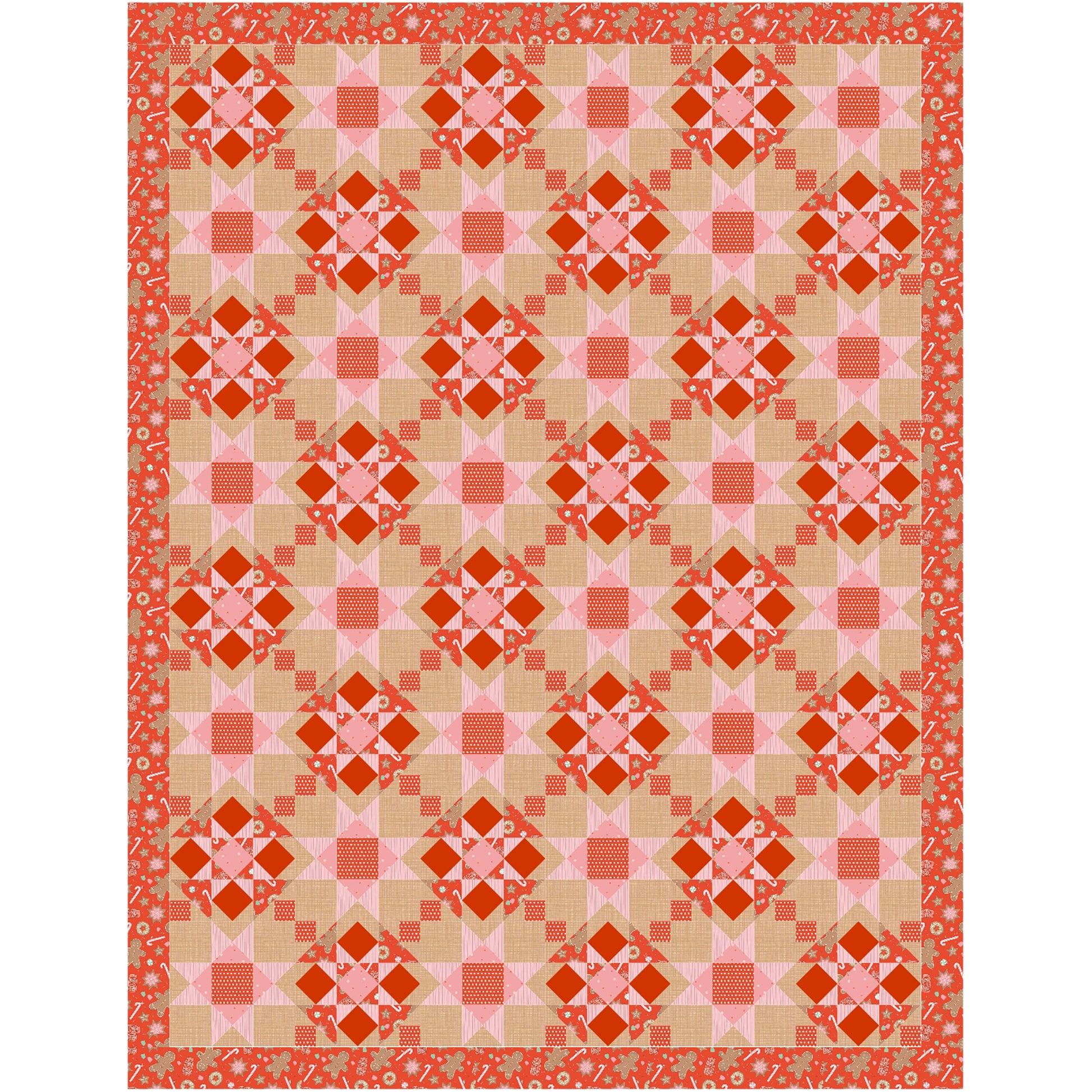 Festive quilt features red fabric with cookies and candy canes. Pieced into blasts of stars and diamond shapes with pink and cream fabrics added.