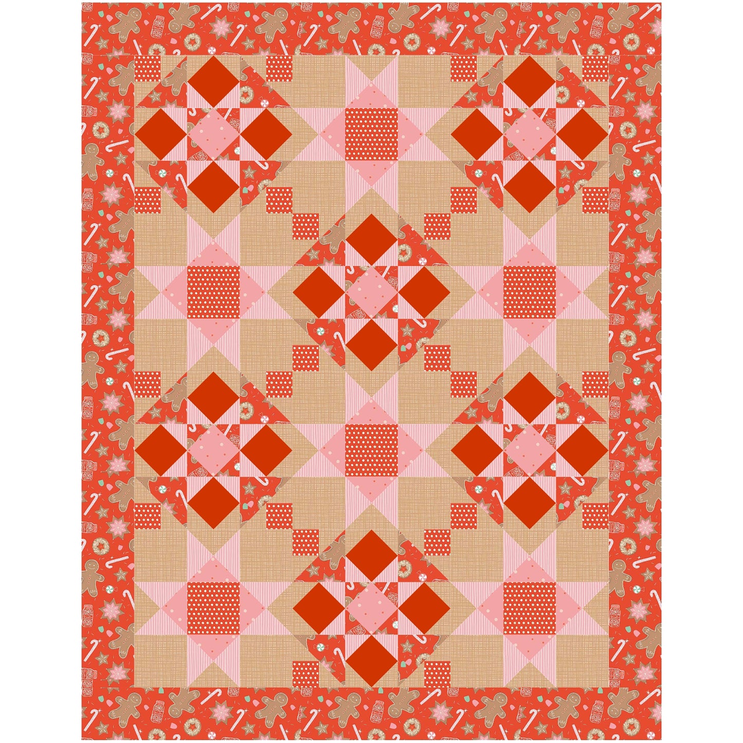 Festive quilt features red fabric with cookies and candy canes. Pieced into blasts of stars and diamond shapes with pink and cream fabrics added.