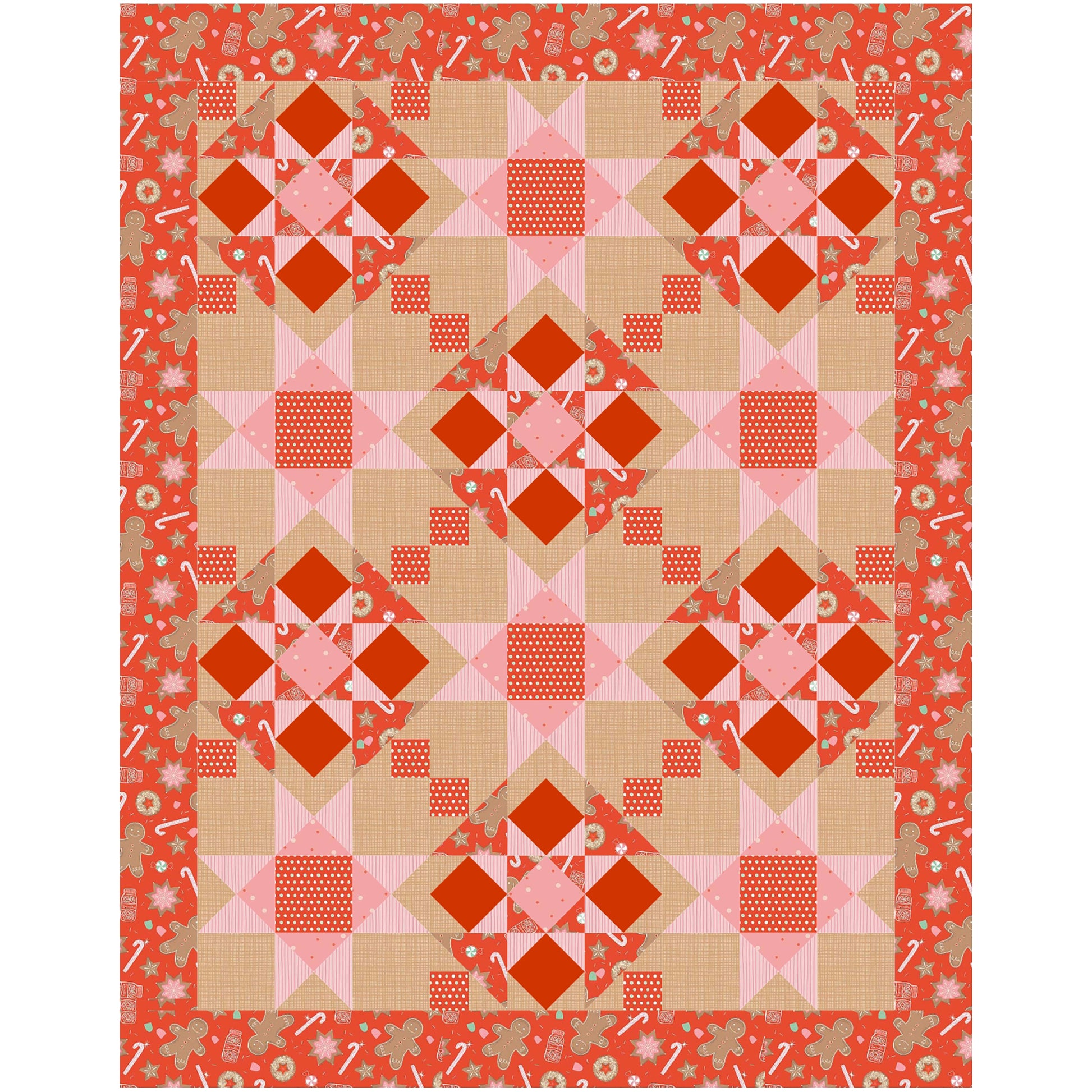 Festive quilt features red fabric with cookies and candy canes. Pieced into blasts of stars and diamond shapes with pink and cream fabrics added.