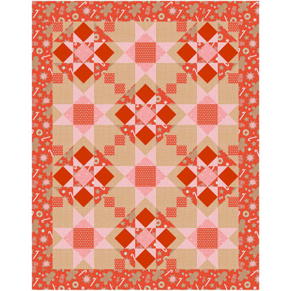 Festive quilt features red fabric with cookies and candy canes. Pieced into blasts of stars and diamond shapes with pink and cream fabrics added.