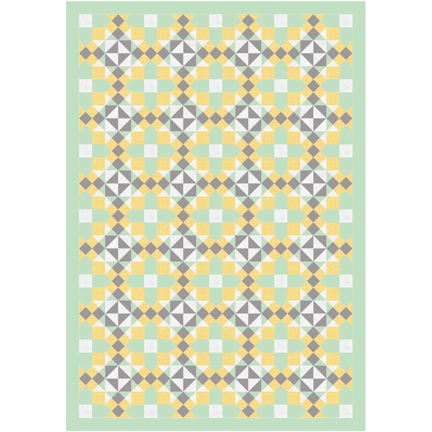 A quilt featuring a pattern of yellow, green, and gray squares arranged in a harmonious design.