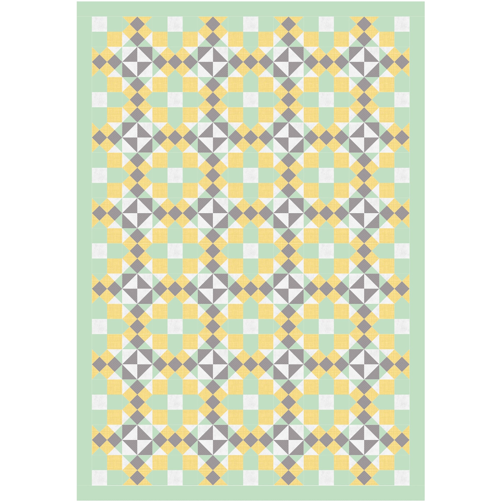 A quilt featuring a pattern of yellow, green, and gray squares arranged in a harmonious design.