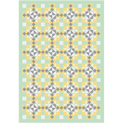 A quilt featuring a pattern of yellow, green, and gray squares arranged in a harmonious design.