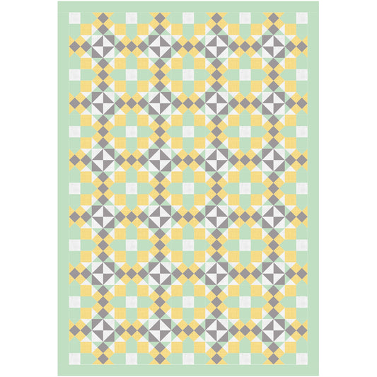 A quilt featuring a pattern of yellow, green, and gray squares arranged in a harmonious design.