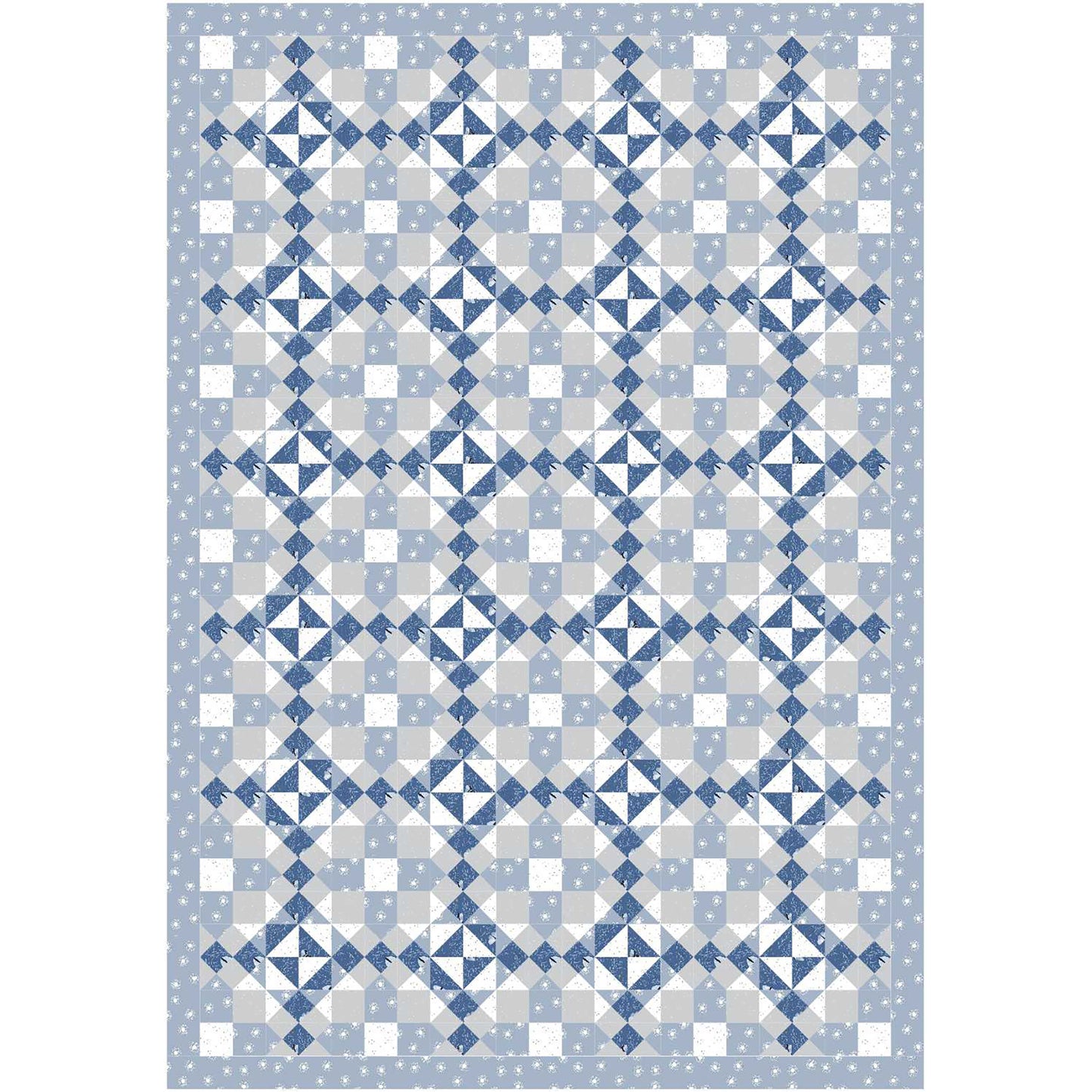 A quilt featuring a pattern of blue, white, and gray squares arranged in a harmonious design.