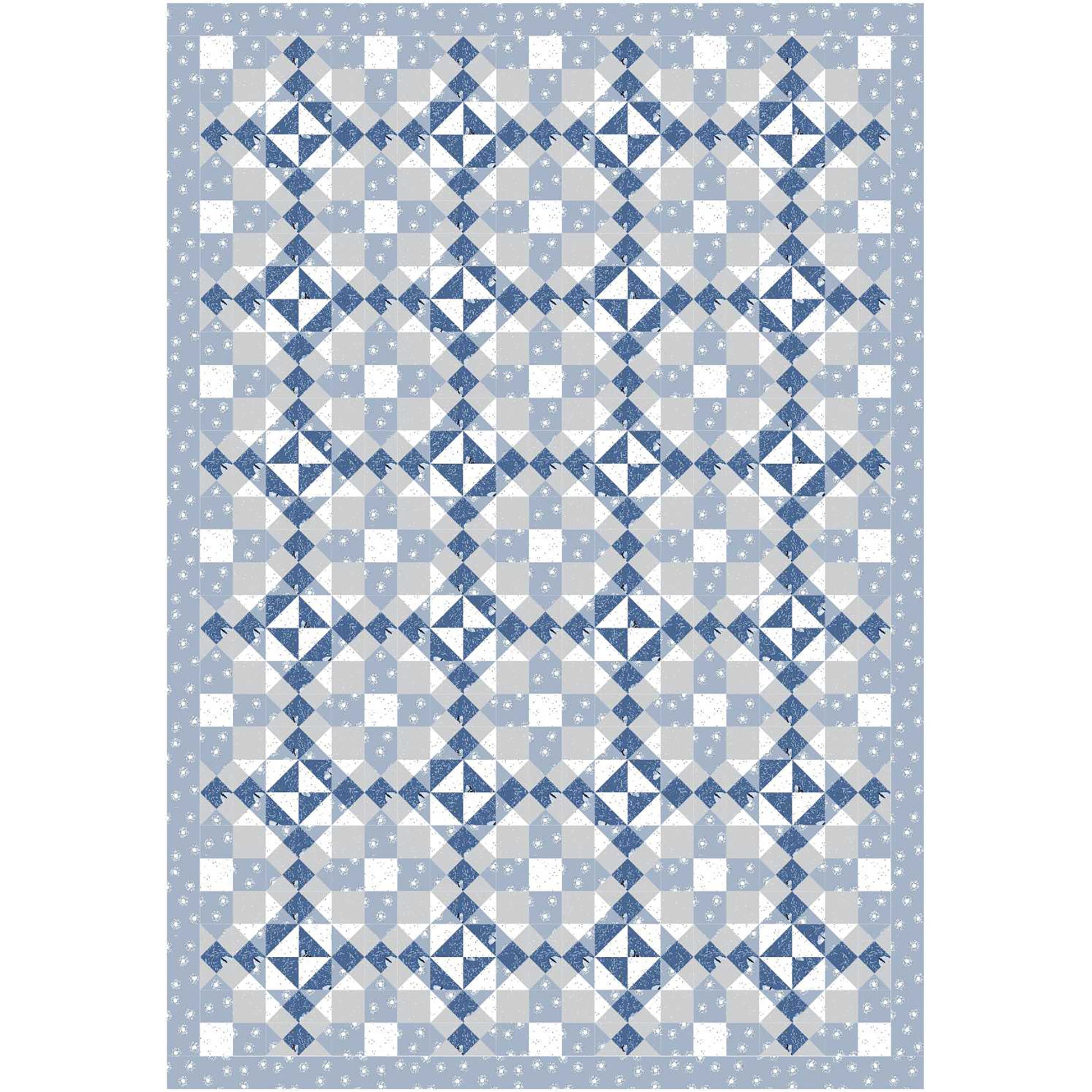 A quilt featuring a pattern of blue, white, and gray squares arranged in a harmonious design.