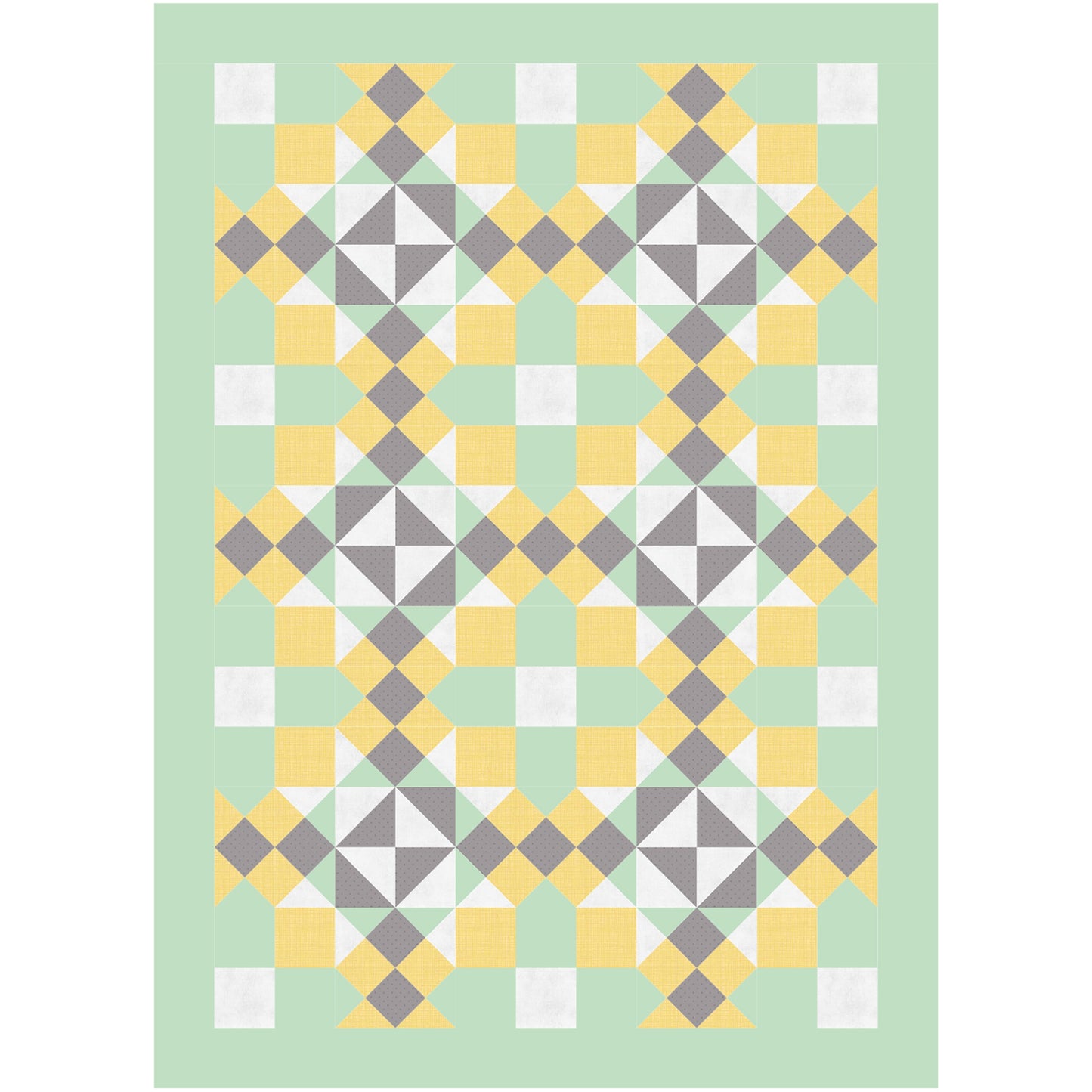 A quilt featuring a pattern of yellow, green, and gray squares arranged in a harmonious design.