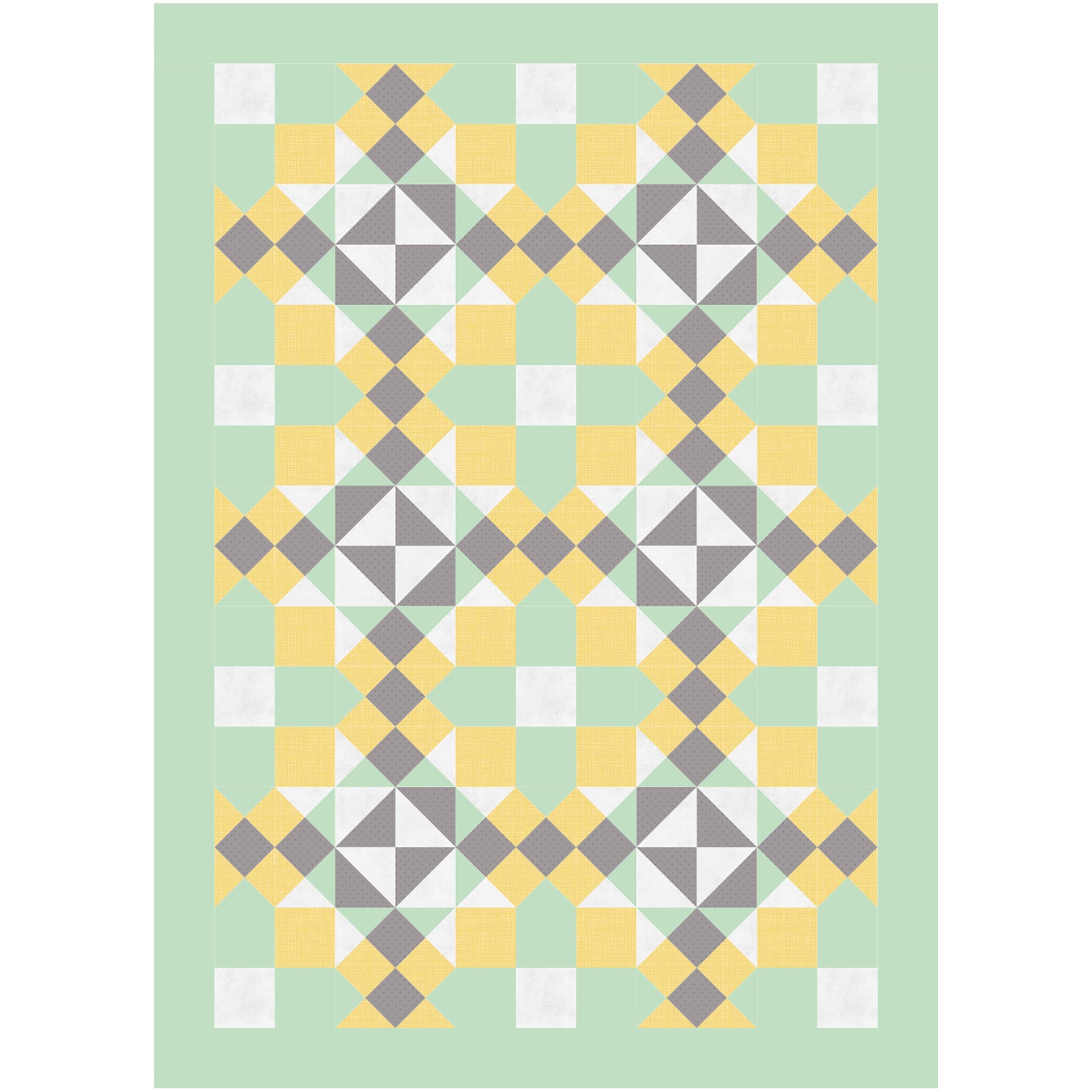 A quilt featuring a pattern of yellow, green, and gray squares arranged in a harmonious design.