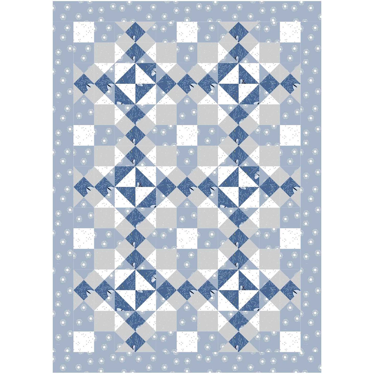 A quilt featuring a pattern of blue, white, and gray squares arranged in a harmonious design.