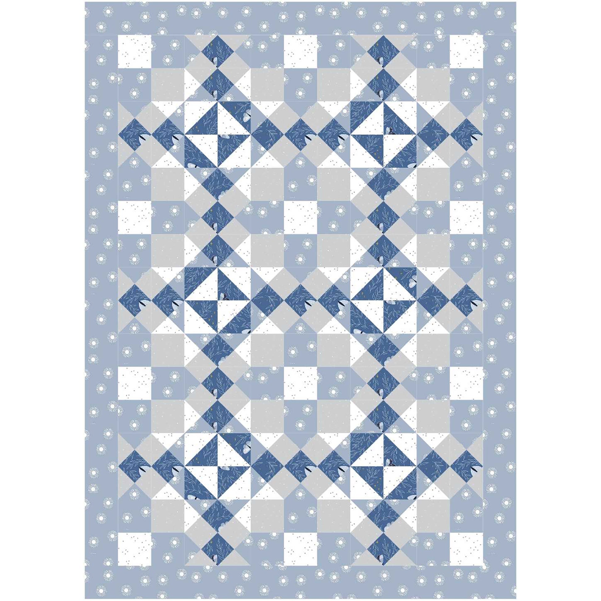 A quilt featuring a pattern of blue, white, and gray squares arranged in a harmonious design.