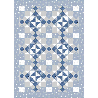 A quilt featuring a pattern of blue, white, and gray squares arranged in a harmonious design.