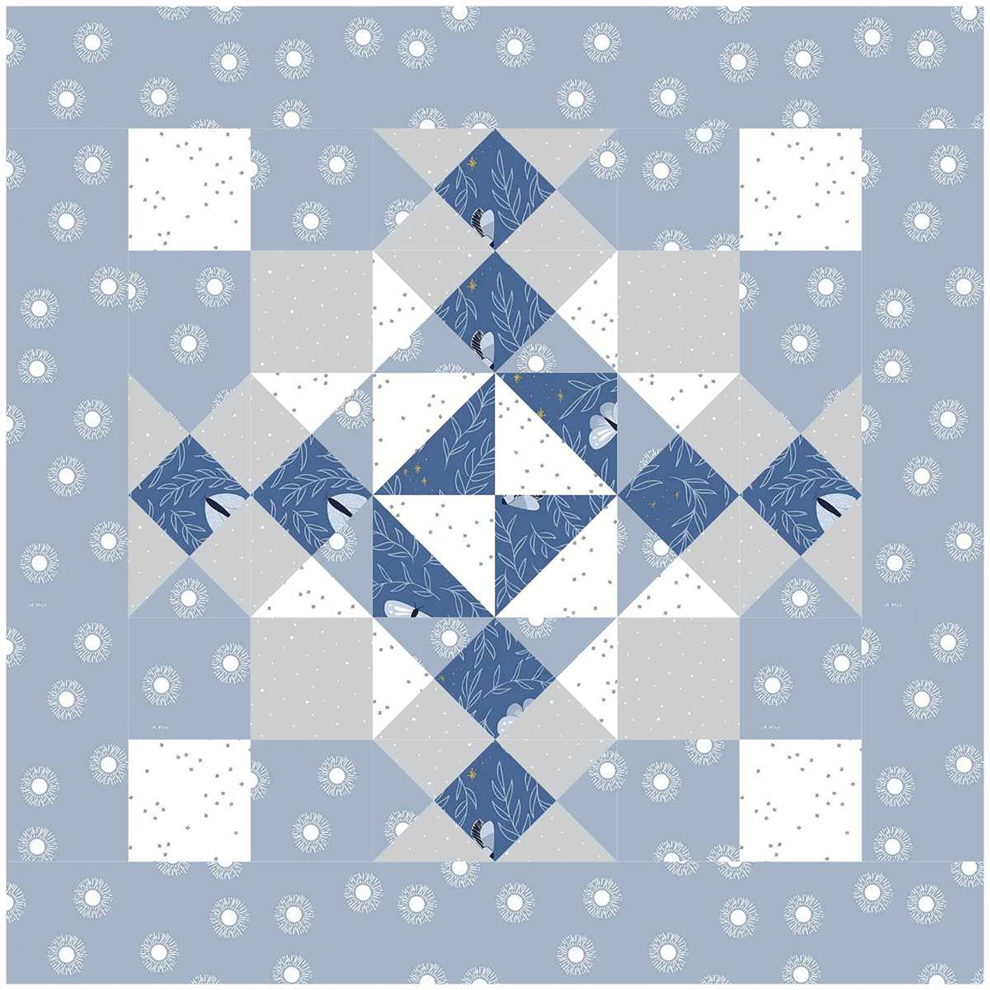 A quilt featuring a pattern of blue, white, and gray squares arranged in a harmonious design. One block shown.